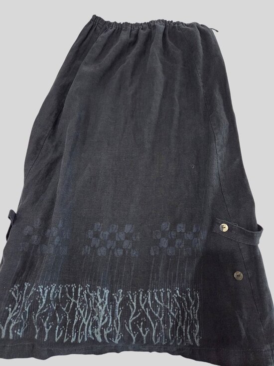 Blue Fish Dresses & Skirts - VTG 1996 Blue Fish Linen Maxi Skirt Black Sz 1 Painted Botanical Hem Lagenlook
